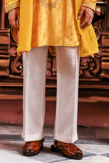 Yajy By Aditya Jain_Yellow Velvet Agniborsho Embroidered Kurta Set _Online_at_Aza_Fashions