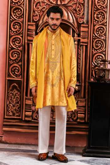 Yajy By Aditya Jain_Yellow Velvet Agniborsho Embroidered Kurta Set _at_Aza_Fashions