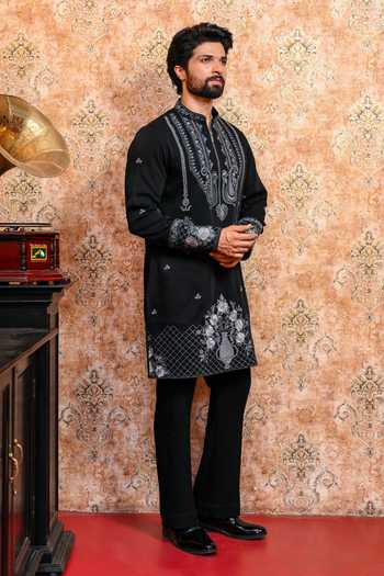 Buy Yajy By Aditya Jain Black Suiting Ebon Dhushor Embroidered Kurta And Pant Set Buy_Yajy By Aditya Jain_Black Suiting Ebon Dhushor Embroidered Kurta And Pant Set
