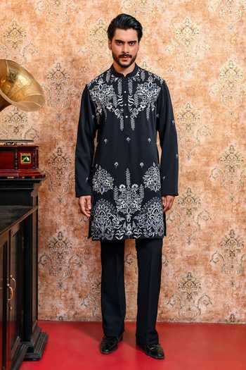 Yajy By Aditya Jain Ebon Dhushor Embroidered Kurta & Pant Set 