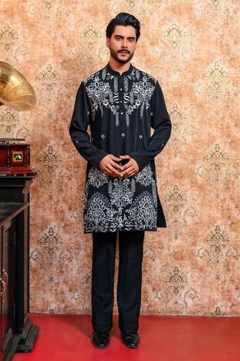 Buy_Yajy By Aditya Jain_Blue Suiting Ebon Dhushor Embroidered Kurta And Pant Set _Online_at_Aza_Fashions