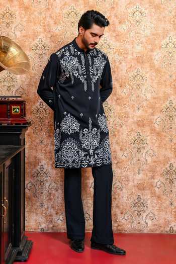 Shop_Yajy By Aditya Jain_Blue Suiting Ebon Dhushor Embroidered Kurta And Pant Set _Online_at_Aza_Fashions
