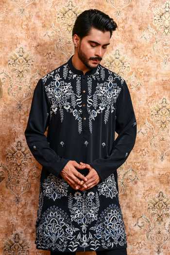 Yajy By Aditya Jain_Blue Suiting Ebon Dhushor Embroidered Kurta And Pant Set _at_Aza_Fashions