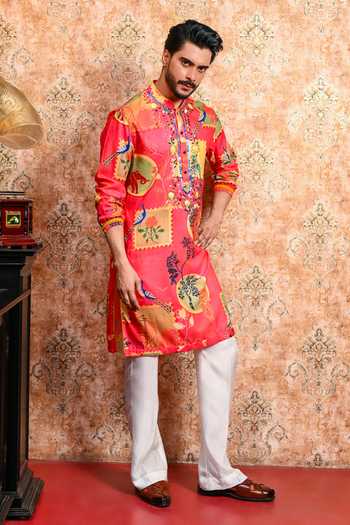 Buy_Yajy By Aditya Jain_Pink Muslin Arunima Printed Kurta And Pant Set _Online_at_Aza_Fashions
