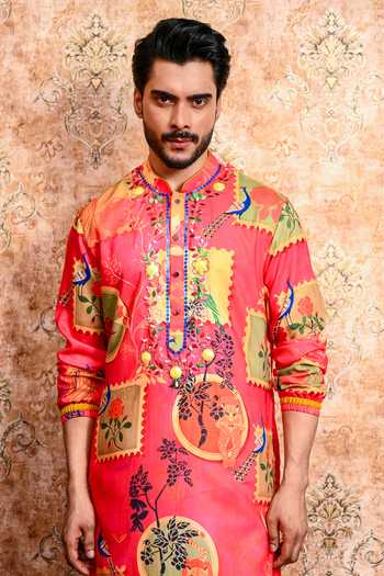 Shop_Yajy By Aditya Jain_Pink Muslin Arunima Printed Kurta And Pant Set _Online_at_Aza_Fashions