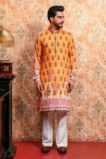 Yajy By Aditya Jain_Yellow Muslin Boish Aura Printed Kurta And Pant Set _at_Aza_Fashions