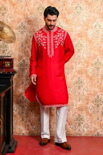Shop_Yajy By Aditya Jain_Red Silk Baisara Embroidered Kurta And Pant Set _Online_at_Aza_Fashions
