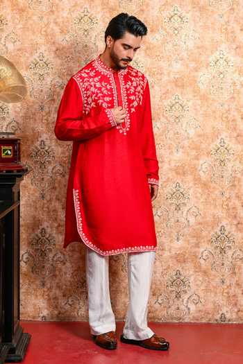 Shop_Yajy By Aditya Jain_Red Silk Baisara Embroidered Kurta And Pant Set 