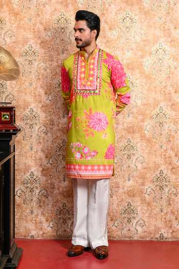 Shop_Yajy By Aditya Jain_Green Muslin Anondomoy Printed Kurta And Pant Set _Online_at_Aza_Fashions