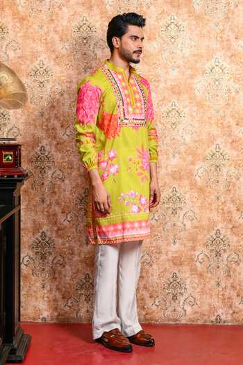 Shop_Yajy By Aditya Jain_Green Muslin Anondomoy Printed Kurta And Pant Set 