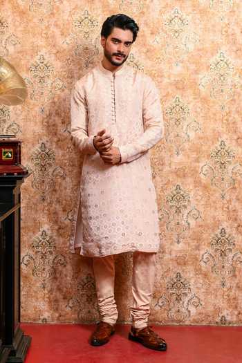 Shop_Yajy By Aditya Jain_Pink Silk, Tissue Madhurima Printed Kurta Set _Online_at_Aza_Fashions