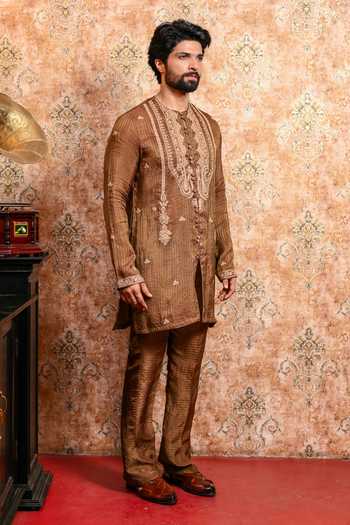 Yajy By Aditya Jain_Brown Silk, Tissue Rituchakra Embroidered Kurta And Pant Set _Online_at_Aza_Fashions