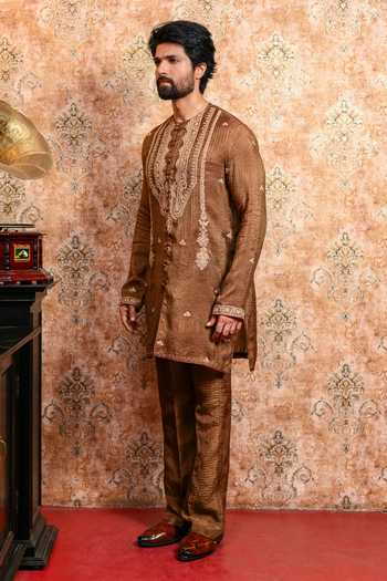 Buy_Yajy By Aditya Jain_Brown Silk, Tissue Rituchakra Embroidered Kurta And Pant Set _Online_at_Aza_Fashions