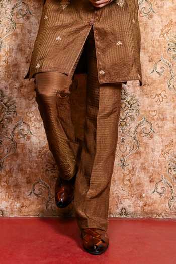 Shop_Yajy By Aditya Jain_Brown Silk, Tissue Rituchakra Embroidered Kurta And Pant Set _Online_at_Aza_Fashions