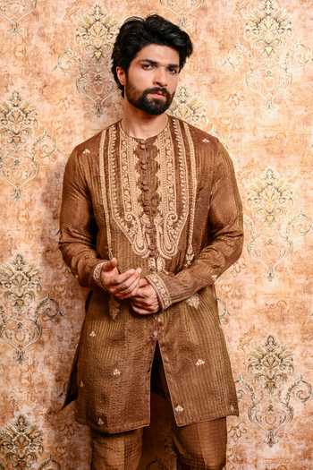 Buy_Yajy By Aditya Jain_Brown Silk, Tissue Rituchakra Embroidered Kurta And Pant Set 