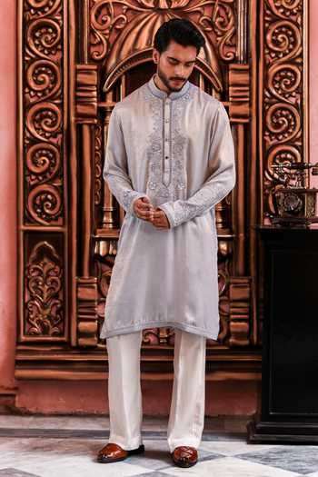 Yajy By Aditya Jain Blue Silk Neelkomol Rose Embroidered Placket Kurta Set at Aza Fashions Yajy By Aditya Jain_Blue Silk Neelkomol Rose Embroidered Placket Kurta Set _at_Aza_Fashions