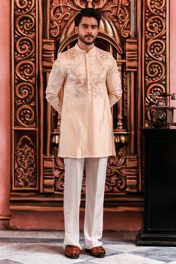 Yajy By Aditya Jain_Peach Silk Rituja Embroidered Kurta And Pant Set _at_Aza_Fashions