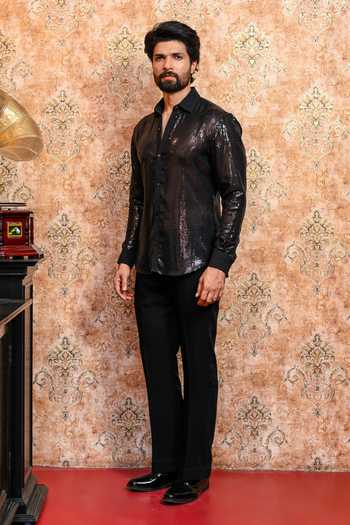 Buy_Yajy By Aditya Jain_Black Georgette Nabo Kaalo Jhilimili Sequin Shirt _Online_at_Aza_Fashions