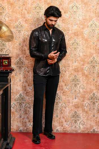 Yajy By Aditya Jain_Black Georgette Nabo Kaalo Jhilimili Sequin Shirt _at_Aza_Fashions