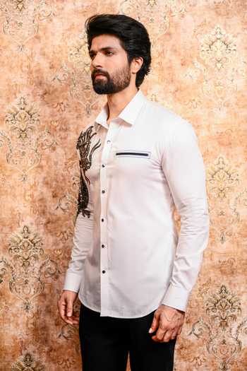 Yajy By Aditya Jain White Cotton Raj Drakon Embroidered Shirt Online at Aza Fashions Yajy By Aditya Jain_White Cotton Raj Drakon Embroidered Shirt _Online_at_Aza_Fashions
