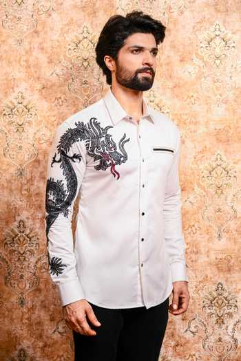 Shop Yajy By Aditya Jain White Cotton Raj Drakon Embroidered Shirt Online at Aza Fashions Shop_Yajy By Aditya Jain_White Cotton Raj Drakon Embroidered Shirt _Online_at_Aza_Fashions