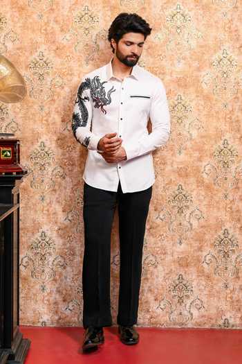 Yajy By Aditya Jain White Cotton Raj Drakon Embroidered Shirt at Aza Fashions Yajy By Aditya Jain_White Cotton Raj Drakon Embroidered Shirt _at_Aza_Fashions