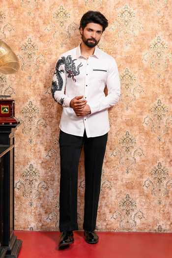 Buy Yajy By Aditya Jain White Cotton Raj Drakon Embroidered Shirt Buy_Yajy By Aditya Jain_White Cotton Raj Drakon Embroidered Shirt