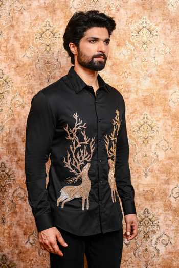 Yajy By Aditya Jain Black Cotton Mrig Chhaya Embroidered Shirt Online at Aza Fashions Yajy By Aditya Jain_Black Cotton Mrig Chhaya Embroidered Shirt _Online_at_Aza_Fashions