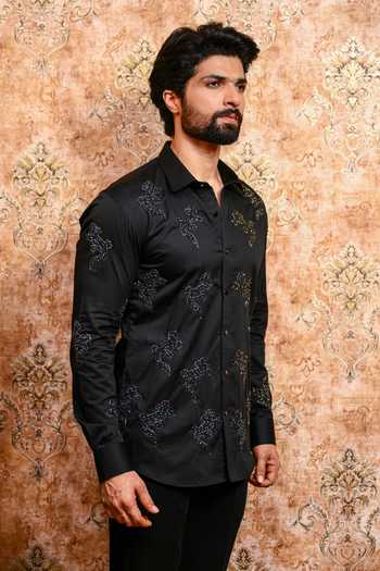 Buy_Yajy By Aditya Jain_Black Cotton Nobo Tiktiki Utsav Embroidered Shirt _Online_at_Aza_Fashions