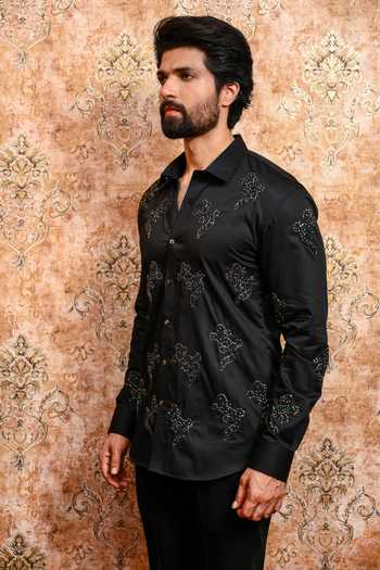Shop_Yajy By Aditya Jain_Black Cotton Nobo Tiktiki Utsav Embroidered Shirt _Online_at_Aza_Fashions