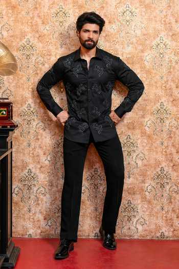 Yajy By Aditya Jain_Black Cotton Nobo Tiktiki Utsav Embroidered Shirt _at_Aza_Fashions