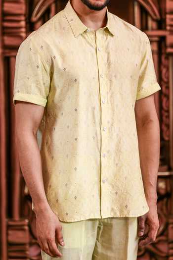 Yajy By Aditya Jain_Green Silk Baishara Banarasi Weave Shirt _Online_at_Aza_Fashions