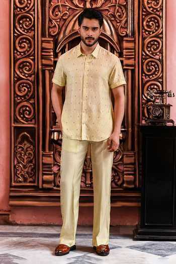 Buy_Yajy By Aditya Jain_Green Silk Baishara Banarasi Weave Shirt _Online_at_Aza_Fashions