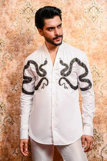 Buy_Yajy By Aditya Jain_White Cotton Naagraj Dual Serpent Motif Shirt _Online_at_Aza_Fashions