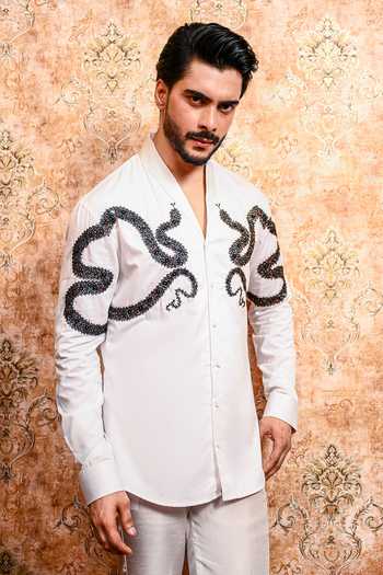 Shop_Yajy By Aditya Jain_White Cotton Naagraj Dual Serpent Motif Shirt _Online_at_Aza_Fashions