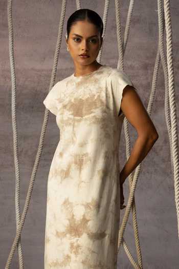 Kritika Murarka_Ivory Cotton, Knit Round Neck Textured Pattern Dress _Online_at_Aza_Fashions
