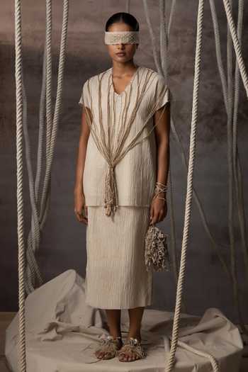 Buy_Kritika Murarka_Ivory Cotton Crushed Pencil Skirt _Online_at_Aza_Fashions