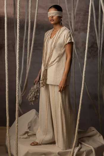 Buy_Kritika Murarka_Ivory Cotton V-neck Crushed Jute Rope Top _Online_at_Aza_Fashions