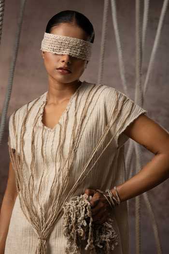 Shop_Kritika Murarka_Ivory Cotton V-neck Crushed Jute Rope Top _Online_at_Aza_Fashions