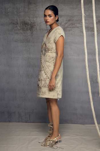 Buy_Kritika Murarka_Ivory Cotton V-neck Crushed Embroidered Dress _Online_at_Aza_Fashions