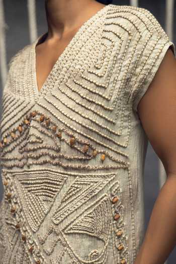 Shop_Kritika Murarka_Ivory Cotton V-neck Crushed Embroidered Dress _Online_at_Aza_Fashions