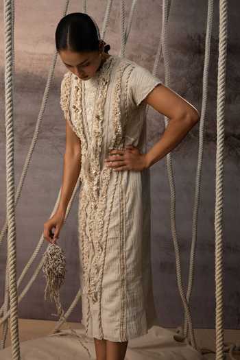 Kritika Murarka_Ivory Cotton Round Neck Lace Embroidered Dress _Online_at_Aza_Fashions