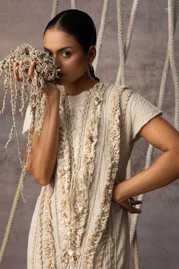 Buy_Kritika Murarka_Ivory Cotton Round Neck Lace Embroidered Dress _Online_at_Aza_Fashions