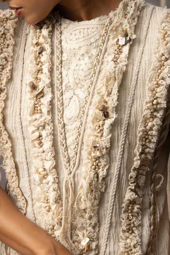 Shop_Kritika Murarka_Ivory Cotton Round Neck Lace Embroidered Dress _Online_at_Aza_Fashions