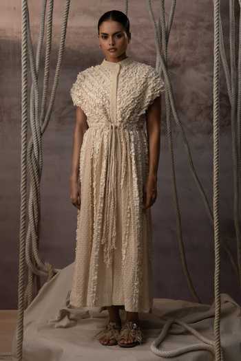 Kritika Murarka_Ivory Cotton, Net, Lace Mandarin Collar Ruched Dress _Online_at_Aza_Fashions