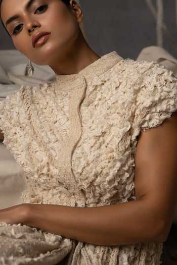 Buy_Kritika Murarka_Ivory Cotton, Net, Lace Mandarin Collar Ruched Dress _Online_at_Aza_Fashions