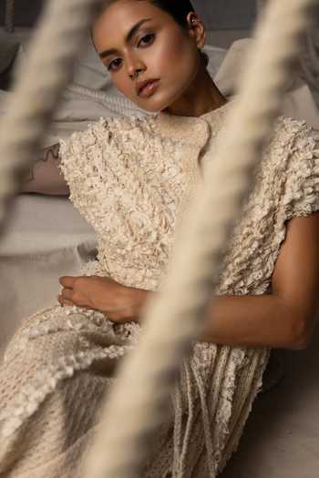 Shop_Kritika Murarka_Ivory Cotton, Net, Lace Mandarin Collar Ruched Dress _Online_at_Aza_Fashions