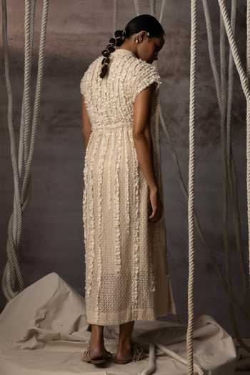 Kritika Murarka_Ivory Cotton, Net, Lace Mandarin Collar Ruched Dress _at_Aza_Fashions