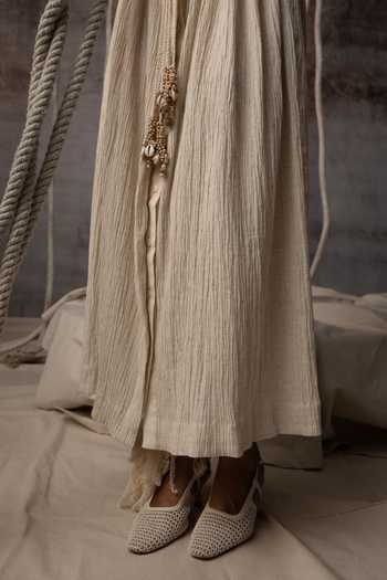 Kritika Murarka_Ivory Cotton Mandarin Collar Flounce Crushed Drawstring Dress _Online_at_Aza_Fashions