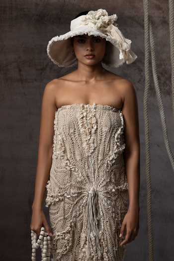 Kritika Murarka_Ivory Cotton, Net Bandeau Neck Crochet Tube Dress _Online_at_Aza_Fashions